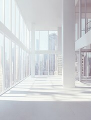 Obraz premium White spacious office interior with city view and daylight. Workplace and corporation concept. 3D Rendering