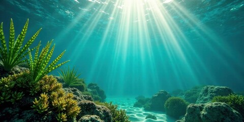 Obraz premium Sunbeams Illuminate Vibrant Underwater Seascape Featuring Lush Aquatic Plants and Coral Reefs