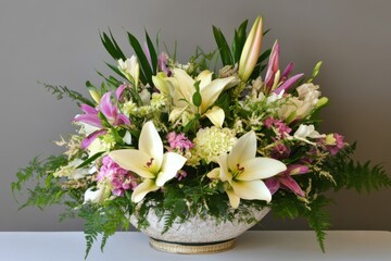 Naklejka premium Elegant Lilium arrangement showcasing dramatic blooms in a beautiful floral display amidst vibrant greenery and delicate accents
