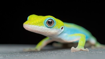 Vibrant green gecko on dark surface, close-up