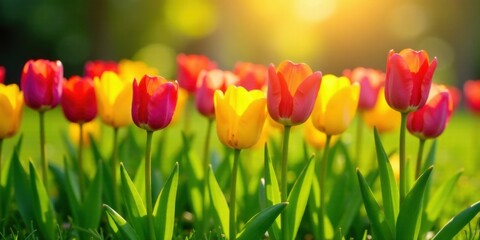 Vibrant spring tulips bathed in warm sunlight, showcasing their colorful petals and delicate stems in a lush green field.
