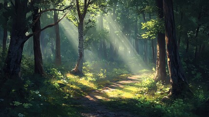 Naklejka premium Serene forest path with dappled sunlight.