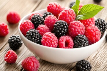 Fresh maroon raspberries and blackberries in a bowl on a wooden table with warm lighting creating a natural and appetizing atmosphere