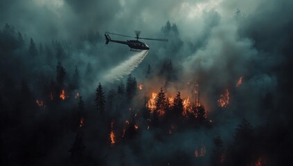 Fototapeta premium Aerial view of a helicopter fighting a forest fire, dark and dramatic scene, intense fire, smoke and flames.