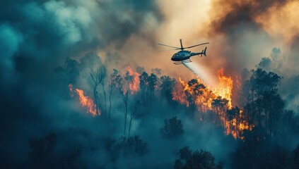 Naklejka premium Aerial firefighting operation during a raging forest fire, showcasing the helicopter battling the blaze amidst a smoky, fiery landscape.