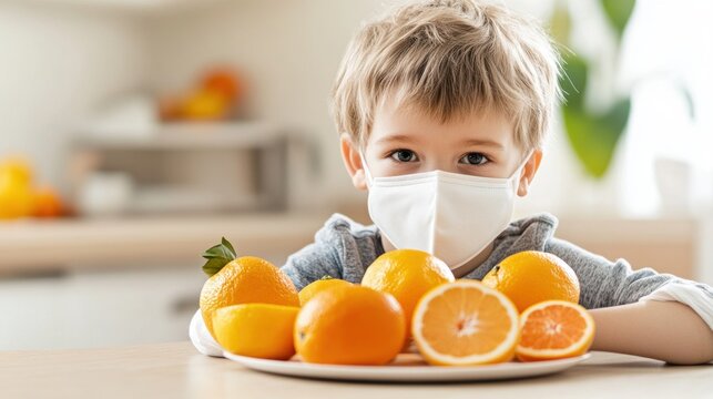 Child wearing mask facing fruit allergy risk, healthy eating concerns