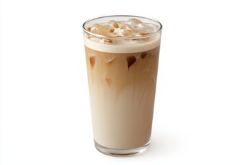 Delightful iced latte served in a tall glass against a clean white backdrop