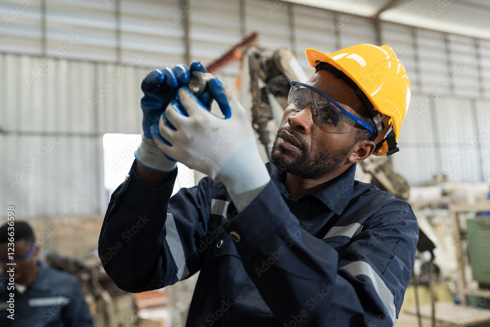 Fototapete African American male engineer inspecting quality of parts of lathe machine in the industry factory. Male worker checking spare parts of machine