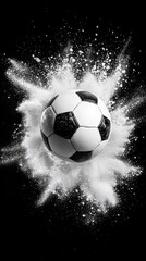 Naklejka premium Dynamic soccer ball impact with white powder explosion on black background