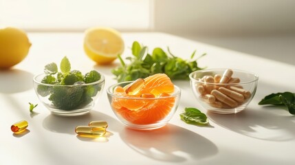 Herbal supplements and vitamins in sunlit setting with lemon and mint