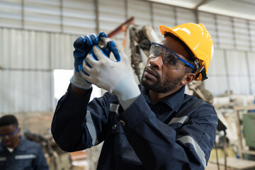 African American male engineer inspecting quality of parts of lathe machine in the industry factory. Male worker checking spare parts of machine