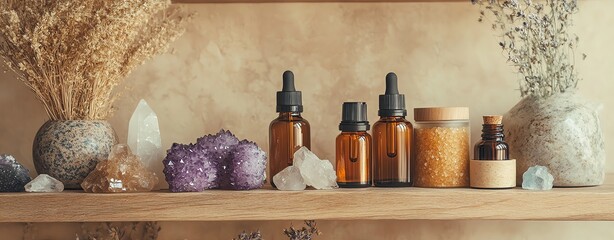 Natural oils with crystals on a shelf.