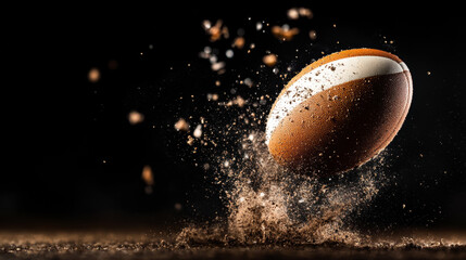 Rugby Ball Soars Through the Air With Force During an Intense Match in a Dimly Lit Stadium