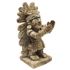 PNG of Intricate stone sculpture of an ancient ceremonial figure with detailed feathered headdress. white or transparent Bg