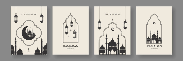 Ramadan and Eid Mubarak set with silhouettes mosque, lanterns, windows, arches, crescent and stars in black and white colors. Design template for greeting banner, card,  web, poster.