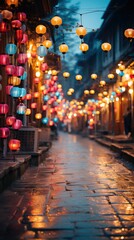 Illuminated alleyway, Asian city, evening, lanterns, wet cobblestones, travel photography.