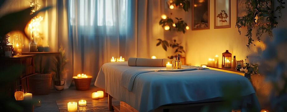 Tranquil spa room with candles and soft lighting.