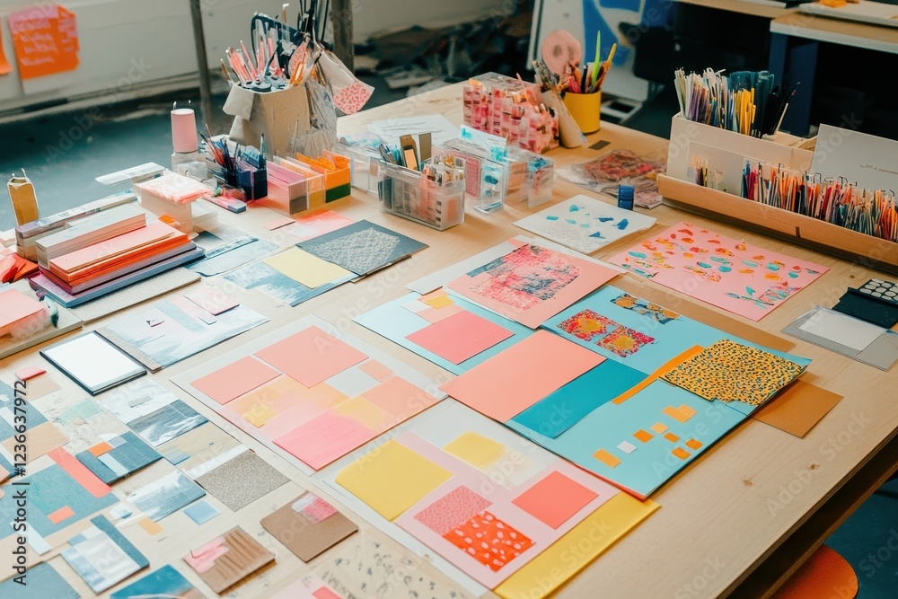 Aufkleber Creative workspace filled with design documents and materials during a brainstorming session in a bright office setting