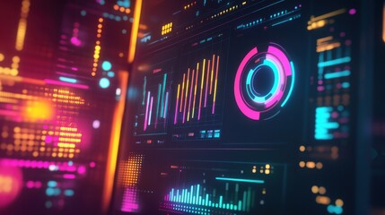 Obraz premium Colorful data visualization on a computer screen featuring graphs and pie charts for analytical and business presentations.