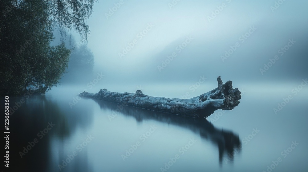 Poster calm morning mist envelops a tranquil lake with a weathered log resting on the serene water surface 