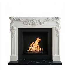 White ornate fireplace burning, studio shot (1)