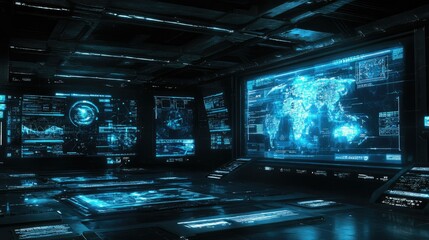 Obraz premium Floating holographic interfaces in a dark room