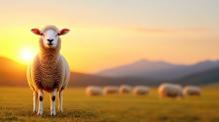 Fototapeta premium Sheep grazing in serene sunset landscape