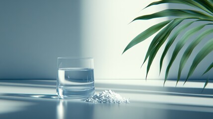 Glass of water with salt crystals and palm leaf in sunlit minimalist setting