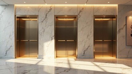 Golden Elevator Doors in a Luxurious Marble Hallway with Subtle Sunlight Illumination
