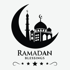 A simple crescent moon and star with a mosque silhouette inside, featuring the text "Ramadan Blessings." image vector art and illustration