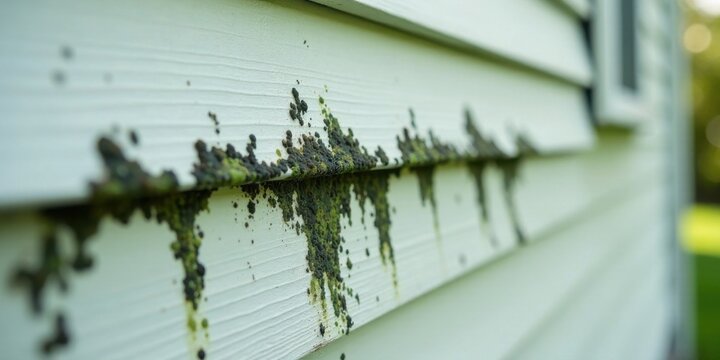 Close-up view of exterior wall siding with significant algae or mold growth