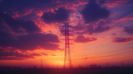 Naklejka premium High voltage power line silhouette against a vibrant sunset with dramatic clouds