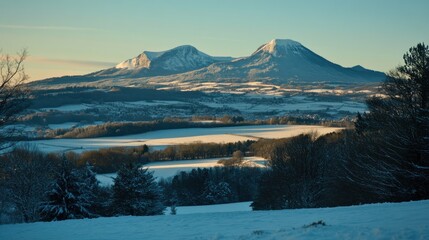 Snow covered mountains and winter landscape view