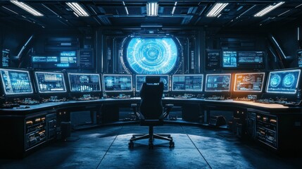 Futuristic Control Room with Monitors and a Large Circular Window