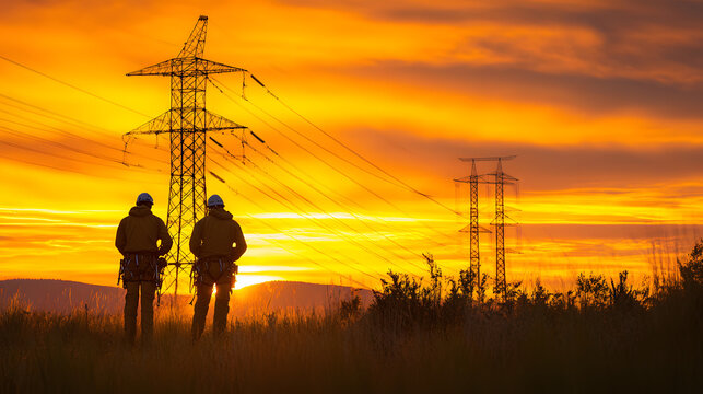 Two engineers wearing safety equipment inspecting a high-voltage power line tower at sunrise, emphasizing sustainable energy development in a rural environment