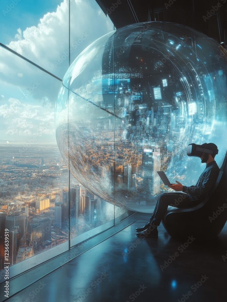 Poster developers creating b2b saas solutions inside a giant virtual reality bubble