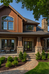 Fototapeta premium Luxury Modern Home Exterior Design: Stone and Wood Architecture