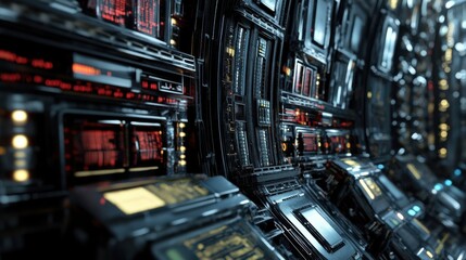 Digital data visualization server room technology imagery high-tech environment close-up view information processing