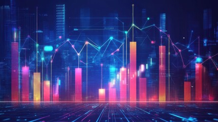 Fototapeta premium Futuristic data visualization with glowing graphs and circuit patterns, representing technology and analytics in a digital world.