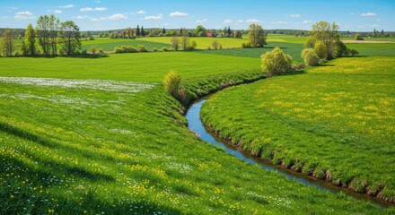 Serene Green Meadow Landscape with Winding Stream