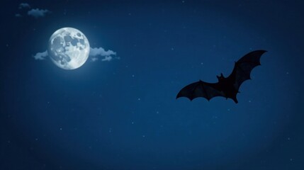Nocturnal Flight A Silhouetted Bat Soaring Beneath a Bright Moon and Starry Night Sky
