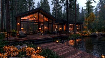 Obraz premium Modern cabin, forest lake view, evening ambiance, cozy interior