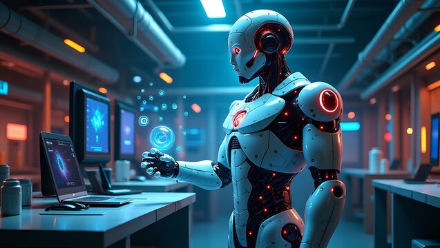 "A futuristic AI-powered humanoid robot interacting with a holographic display, advanced technology, neon cyberpunk aesthetic, ultra-HD, hyperrealistic, 8K detail, cinematic lighting"