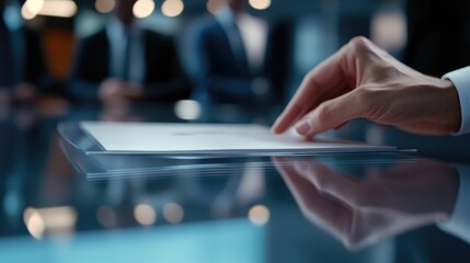 Hand Reaching for Documents on a Reflective Surface: Business Deal Closeup