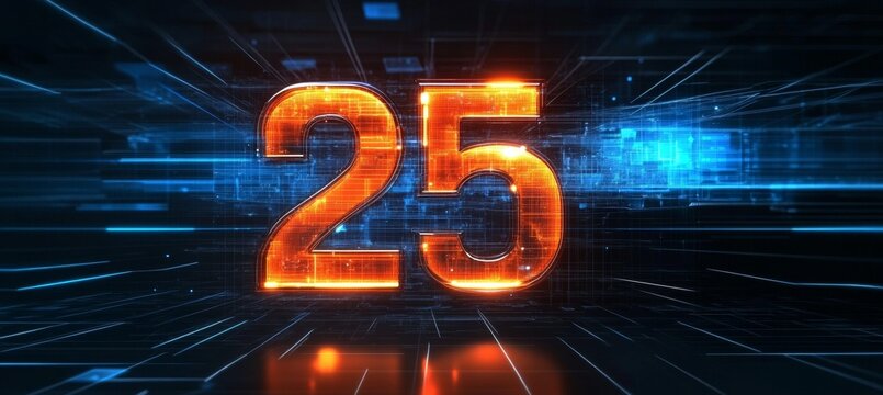 Glowing Digital Number 25 in Futuristic Cyber Circuit Style on an Abstract Technology Background