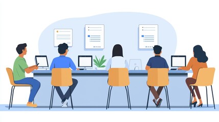 Diverse team collaborating in modern office setting with technology