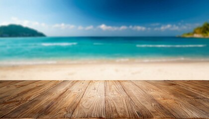 Fototapeta premium Empty rustic wooden table on blur background of beautiful beach for mockup summer product display or travel ad. Picnic table with customizable space on table-top for editing. 