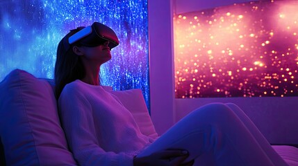 Naklejka premium A woman lies in a futuristic waiting room, wearing a virtual reality headset.