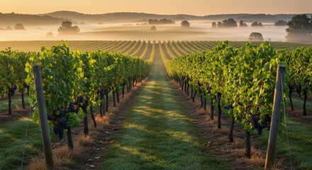 Naklejka premium Sunrise Vineyard Rows Misty Morning Landscape Photography