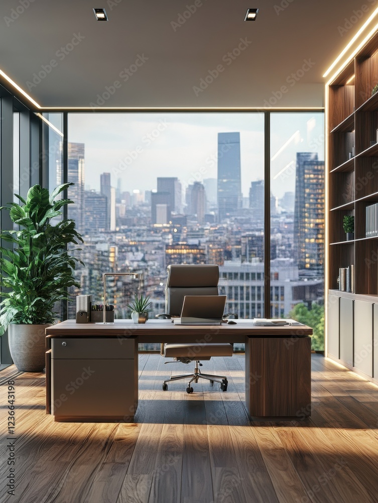 Wall mural Bright office interior with wooden flooring, desk, equipment and city view. 3D Rendering